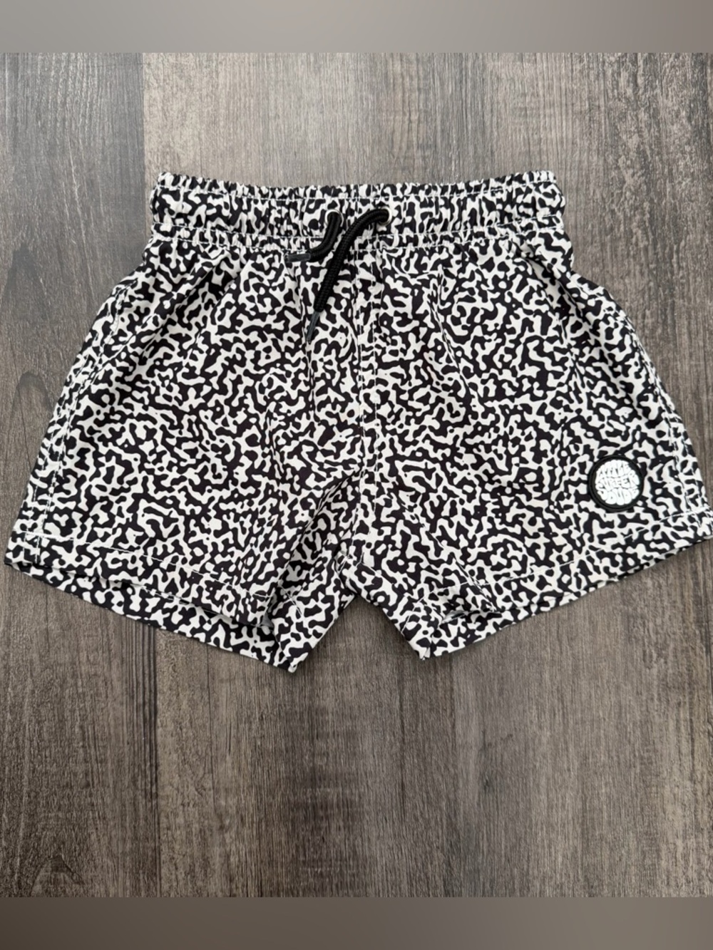 Boys Black & White Patterned Drawstring Swim Shorts
